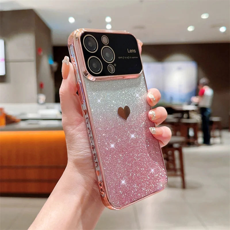 Gradient Glitter Love Heart Soft Case For iPhone