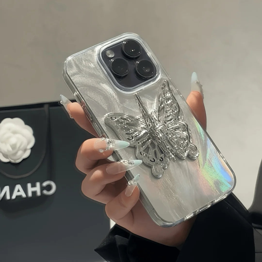 Laser 3D Silver Butterfly Holder Case For iPhone