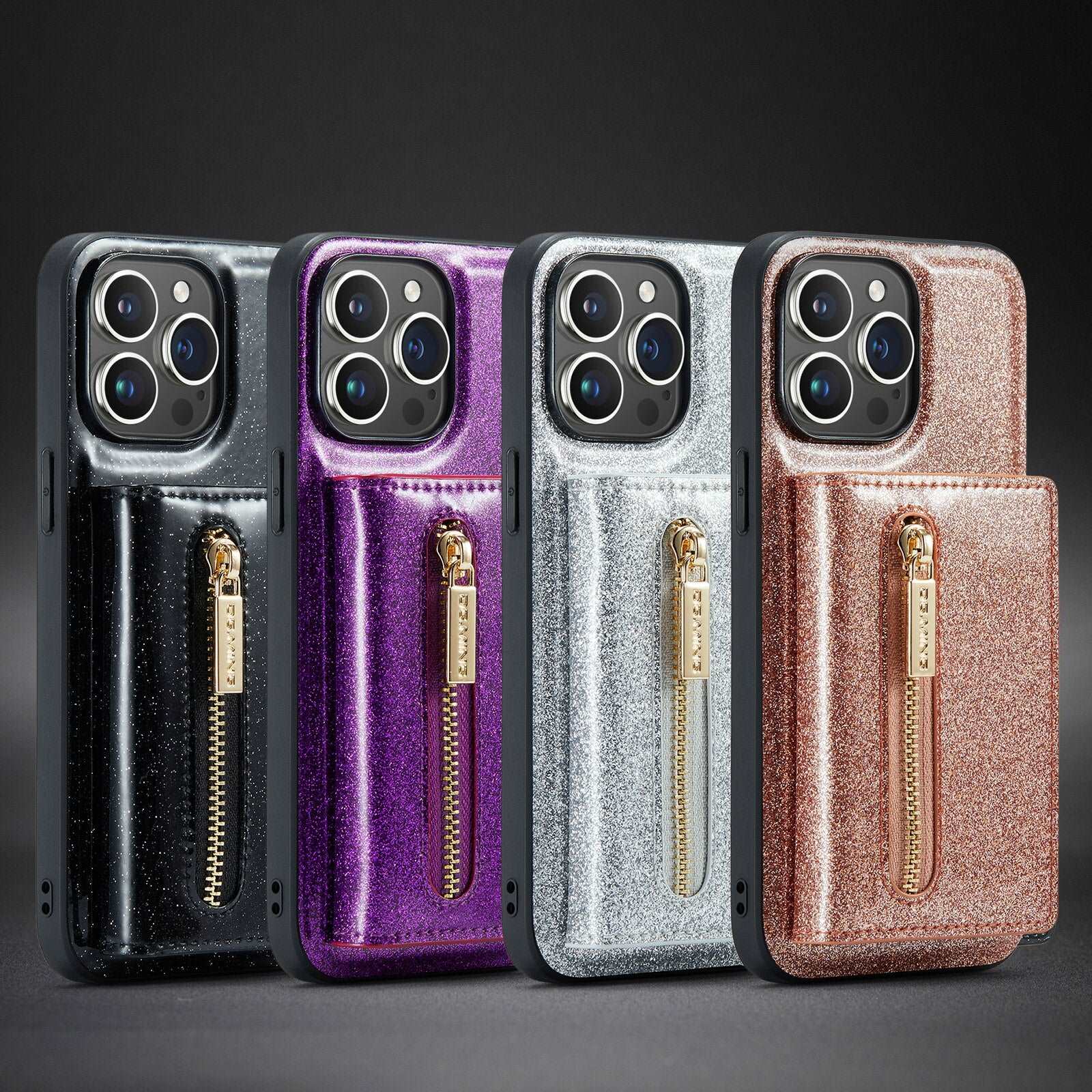 Étui portefeuille 2 en 1 en cuir pailleté pour iPhone