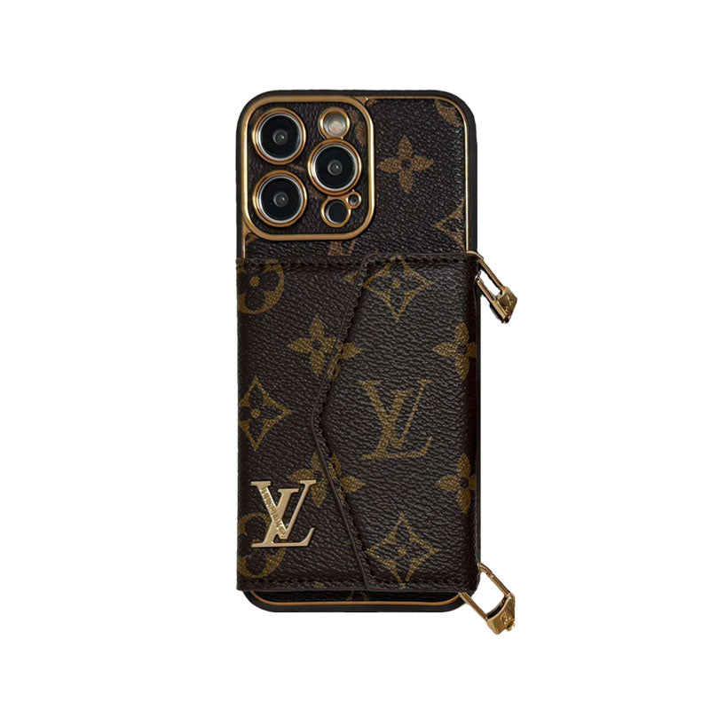 Premium Leather iPhone Case with Card Holder & Crossbody Strap - LV