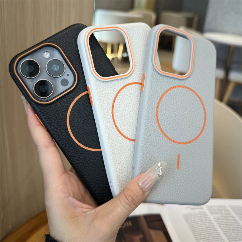 Étui magnétique en cuir Lychee pour iPhone 