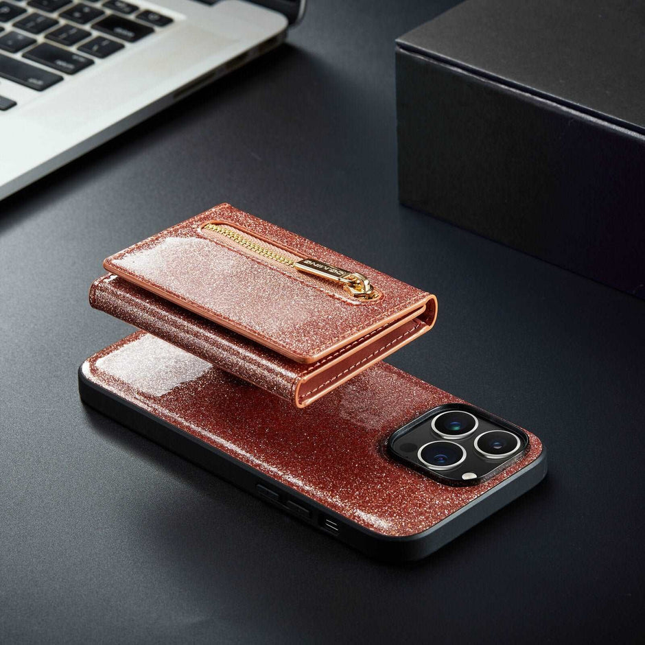 Étui portefeuille 2 en 1 en cuir pailleté pour iPhone