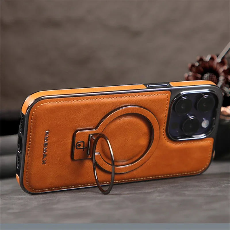 Étui en cuir avec anneau magnétique pour iPhone 