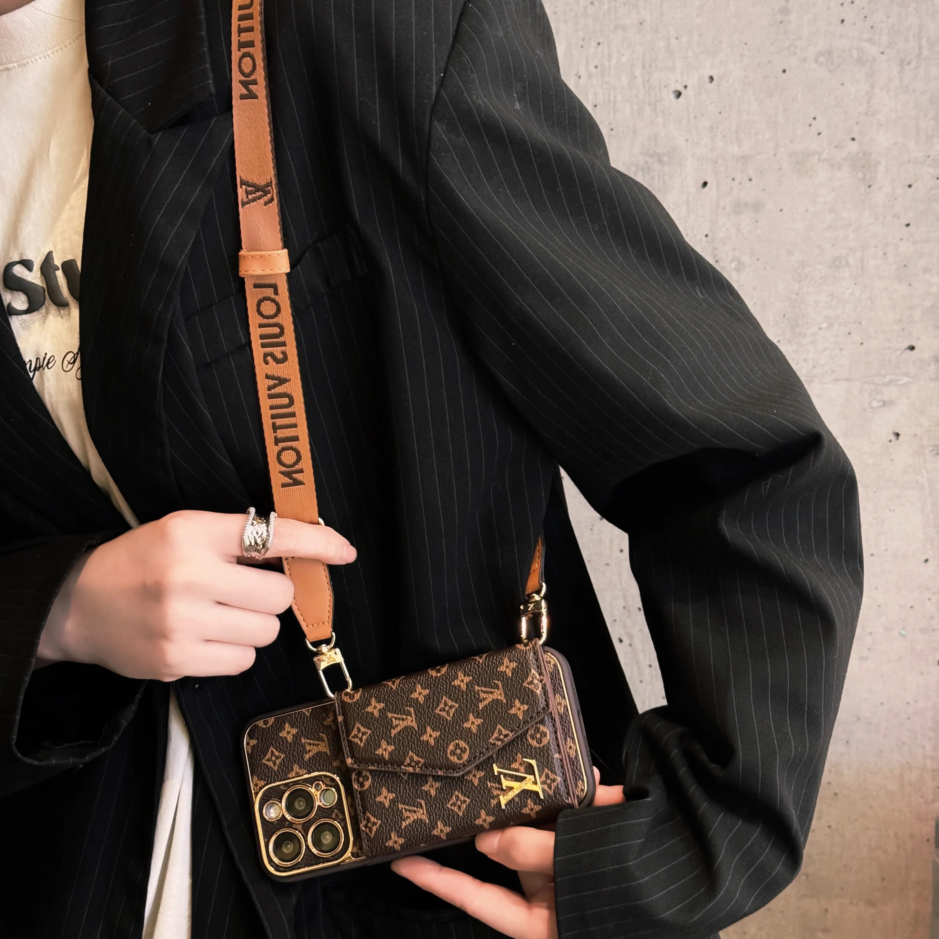 Premium Leather iPhone Case with Card Holder & Crossbody Strap - LV