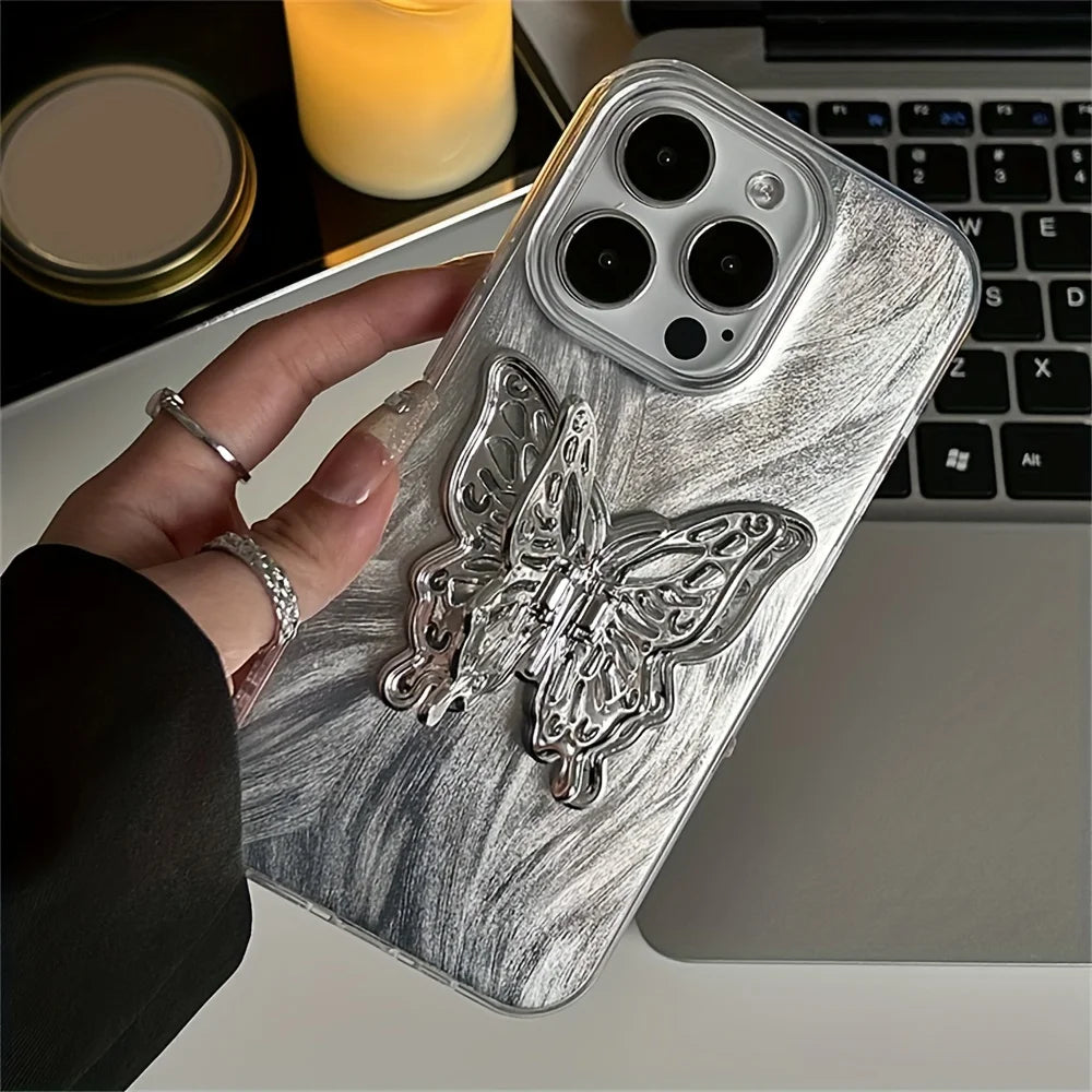 Laser 3D Silver Butterfly Holder Case For iPhone