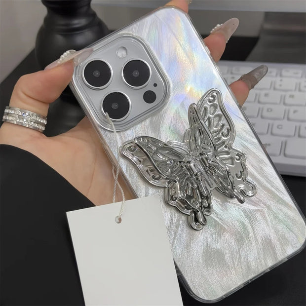 Laser 3D Silver Butterfly Holder Case For iPhone