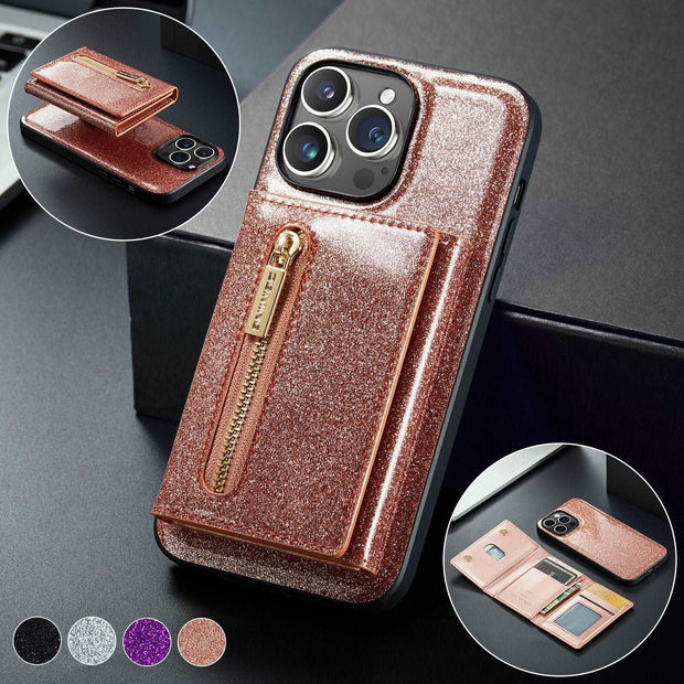 Étui portefeuille 2 en 1 en cuir pailleté pour iPhone