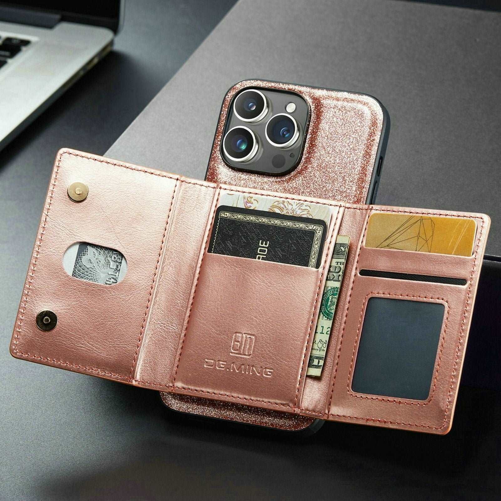 Étui portefeuille 2 en 1 en cuir pailleté pour iPhone
