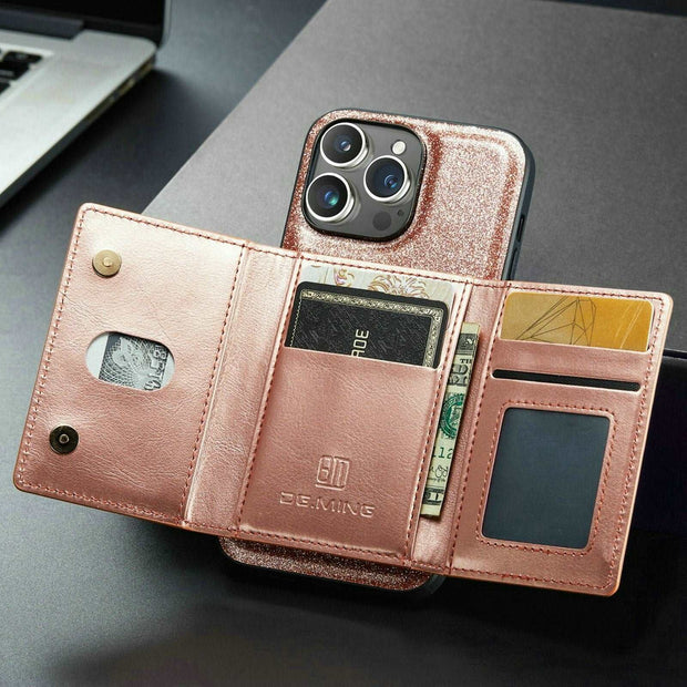 Étui portefeuille 2 en 1 en cuir pailleté pour iPhone
