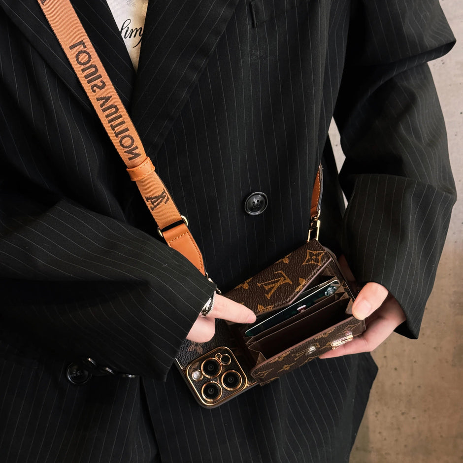 Premium Leather iPhone Case with Card Holder & Crossbody Strap - LV