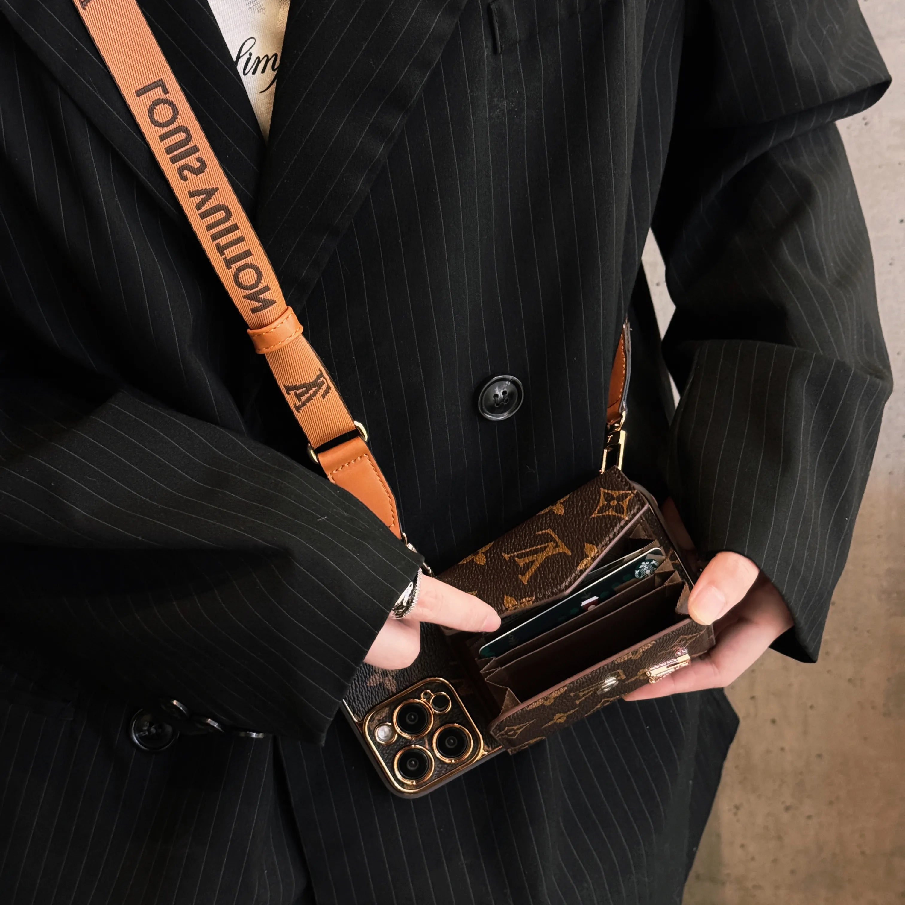 Premium Leather iPhone Case with Card Holder & Crossbody Strap - LV