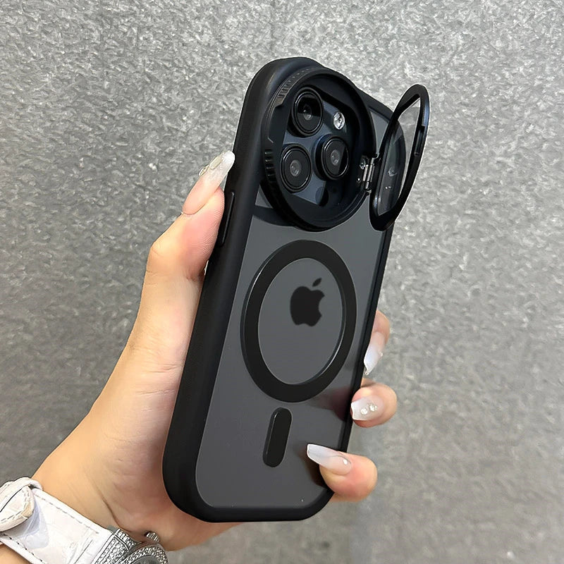 Fold Glass Lens Stand Magnetic Transparent Case For iPhone