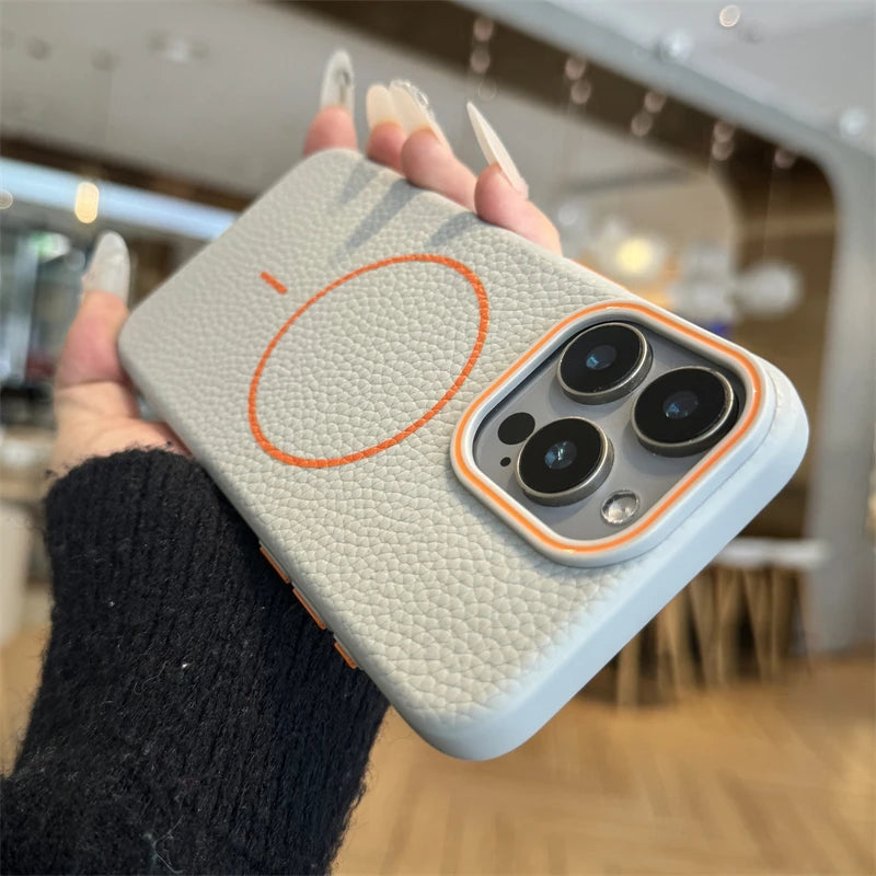Étui magnétique en cuir Lychee pour iPhone 