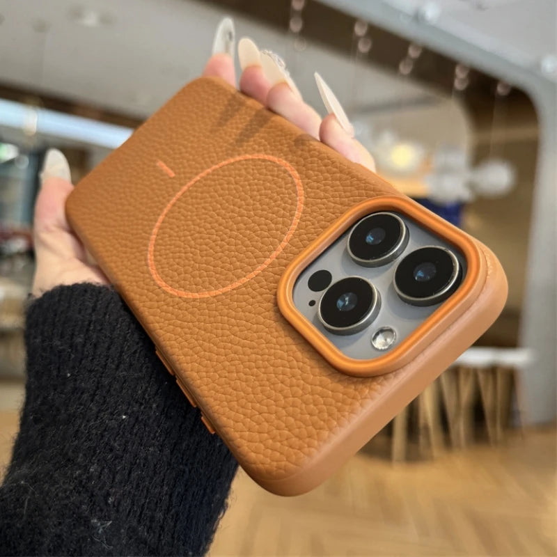 Étui magnétique en cuir Lychee pour iPhone 