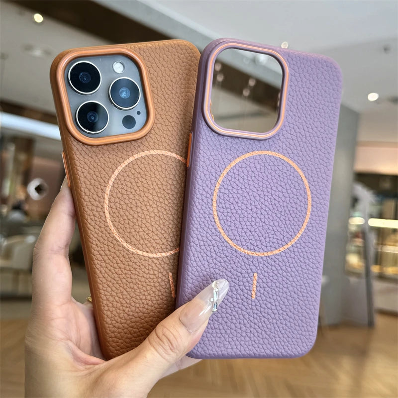 Étui magnétique en cuir Lychee pour iPhone 