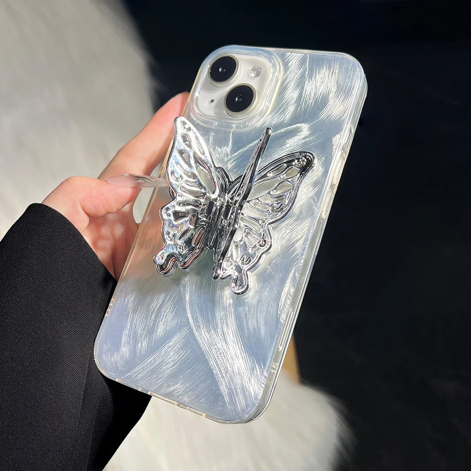 Laser 3D Silver Butterfly Holder Case For iPhone