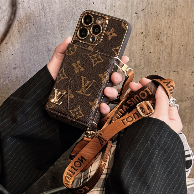 Premium Leather iPhone Case with Card Holder & Crossbody Strap - LV