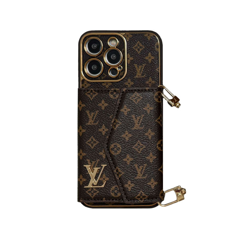 Premium Leather iPhone Case with Card Holder & Crossbody Strap - LV