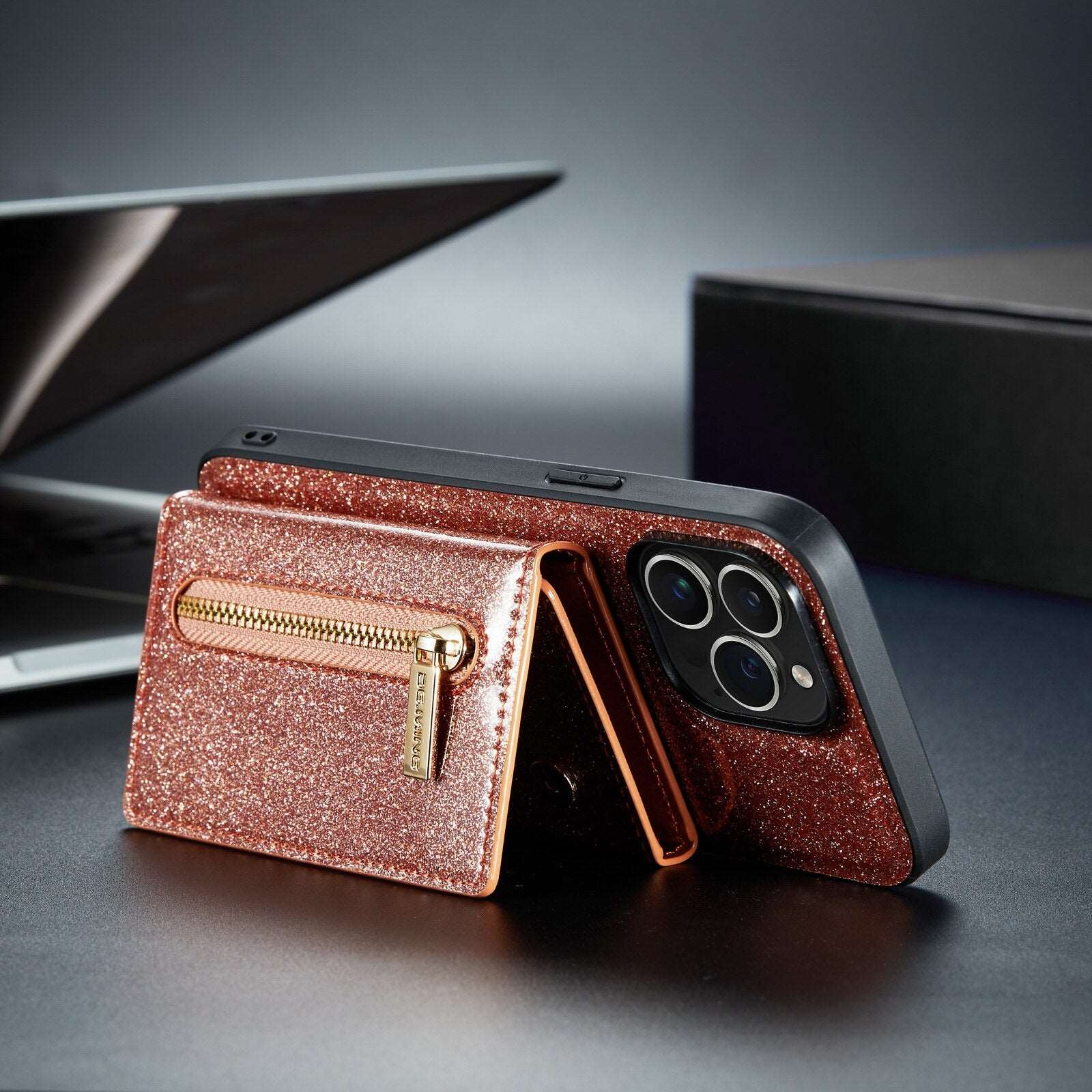 Étui portefeuille 2 en 1 en cuir pailleté pour iPhone
