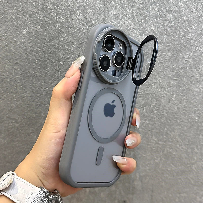 Fold Glass Lens Stand Magnetic Transparent Case For iPhone