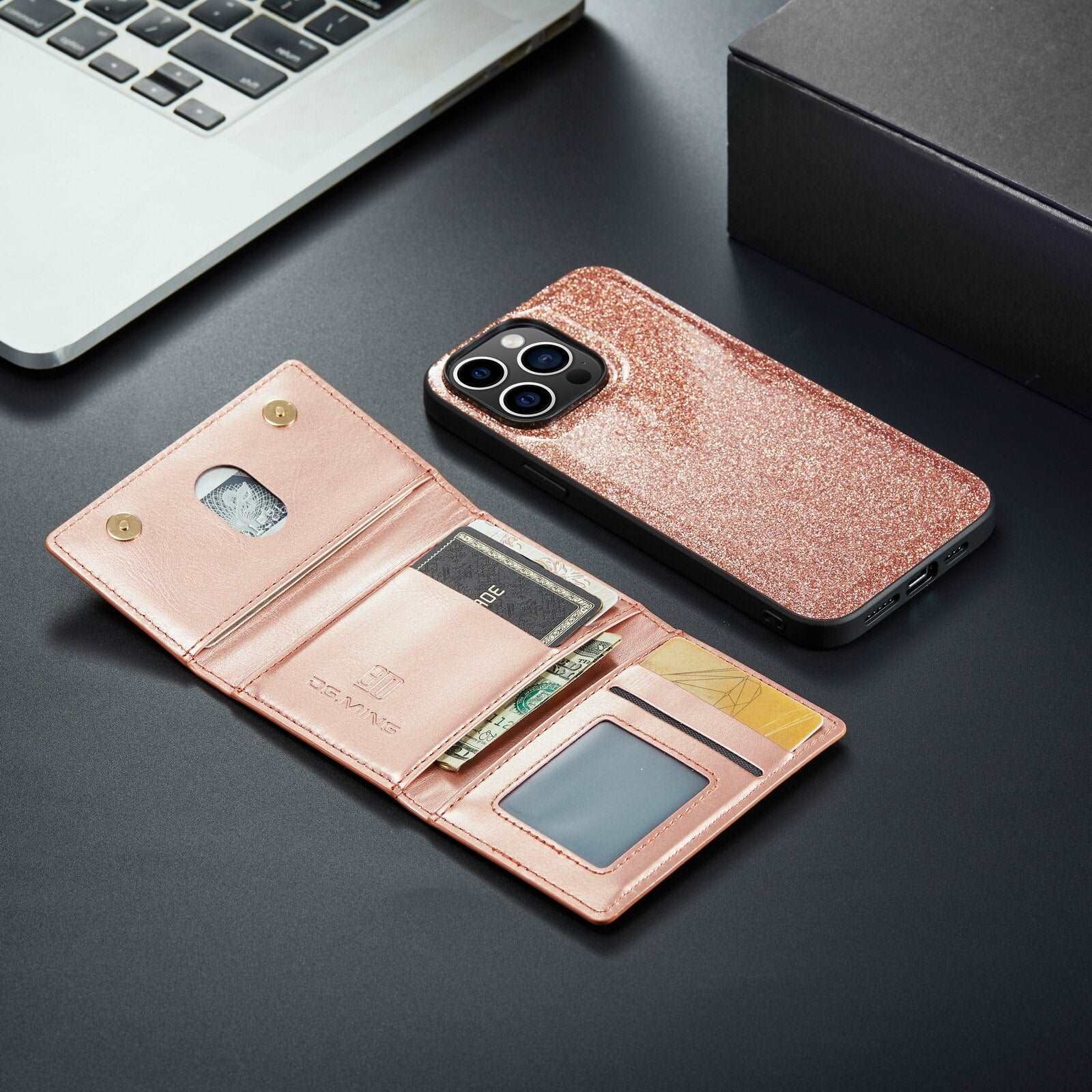 Étui portefeuille 2 en 1 en cuir pailleté pour iPhone