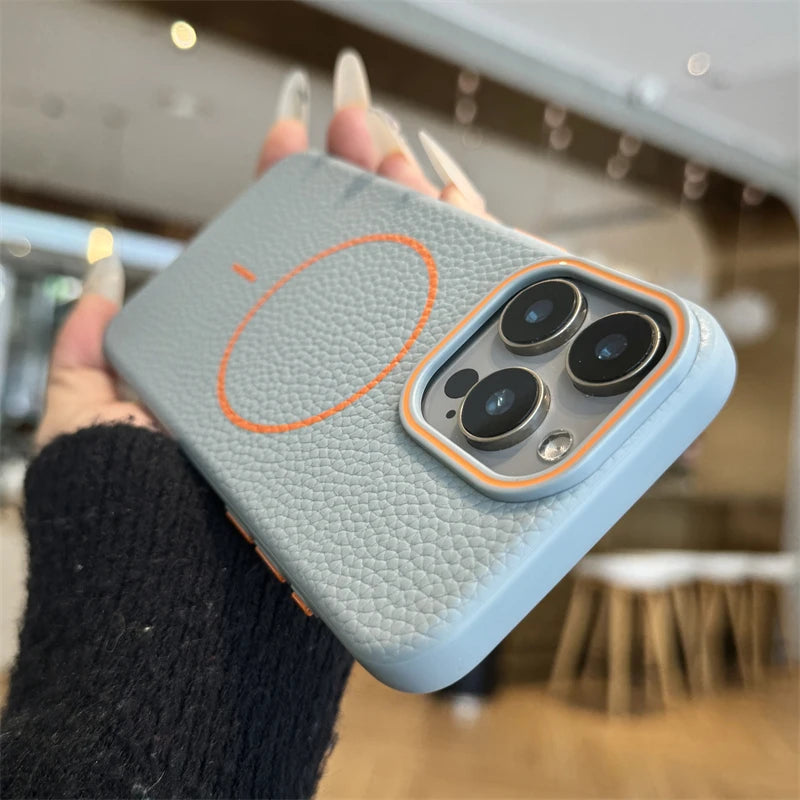 Étui magnétique en cuir Lychee pour iPhone 